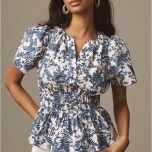 Anthropologie Navy and White Somerset Blouse XL